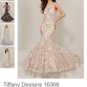 Tiffany Designs - 16366 Floral Sequined Illusion Halter Mermaid Gown size 12